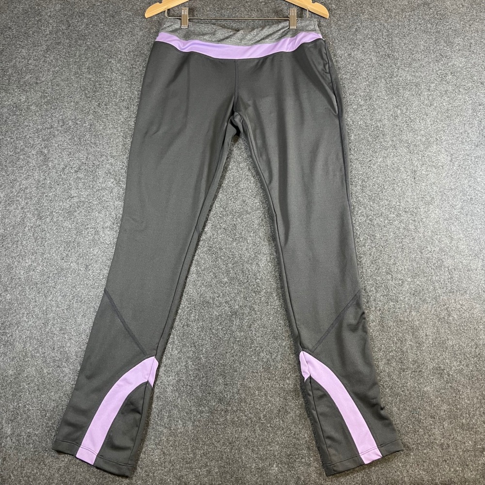 Free Spirit Womens Gray Purple Athletic Leggings Yoga Pants Size L Zipper Pocket
